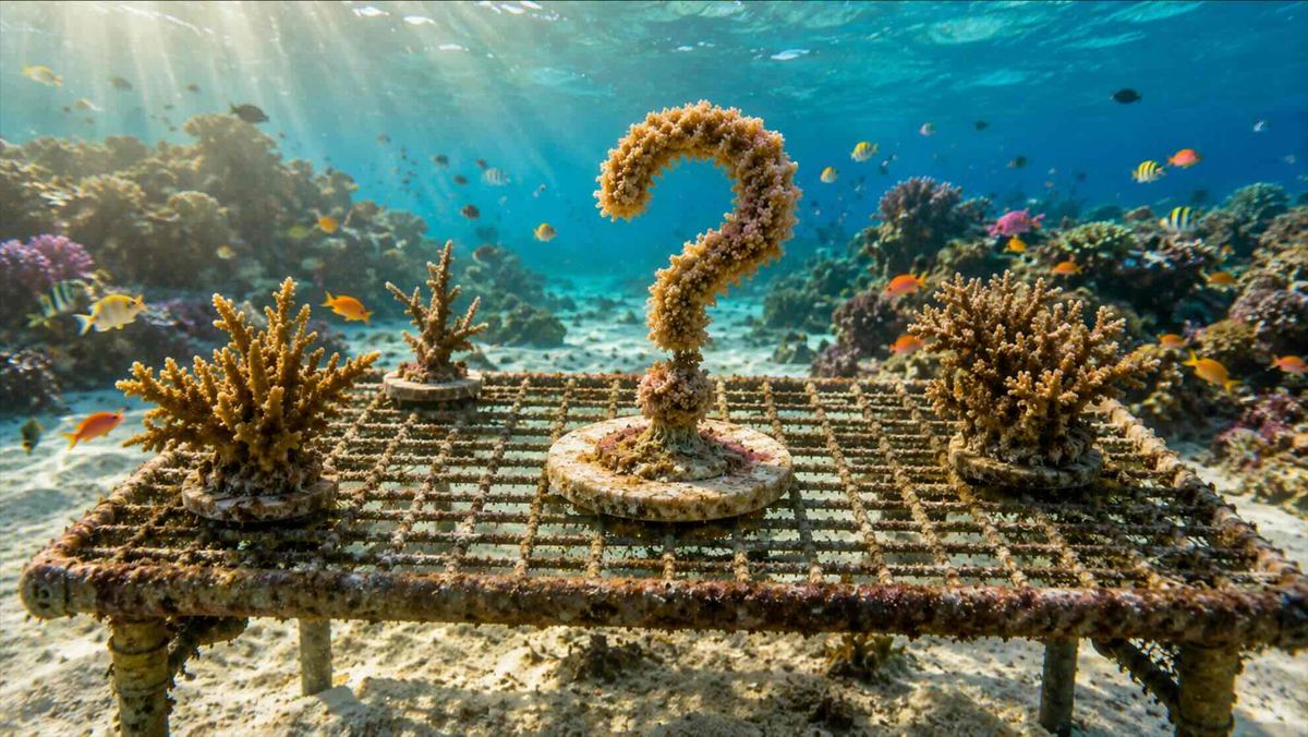 A question mark formed from coral on a nursery frame, symbolizing what comes next
