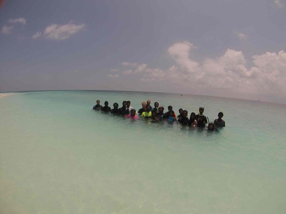 A group of coral gardeners lined up in the water
